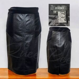Eccoci Black Soft Leather Knee Length Skirt Women's Size 0 Fully Lined Side Zip